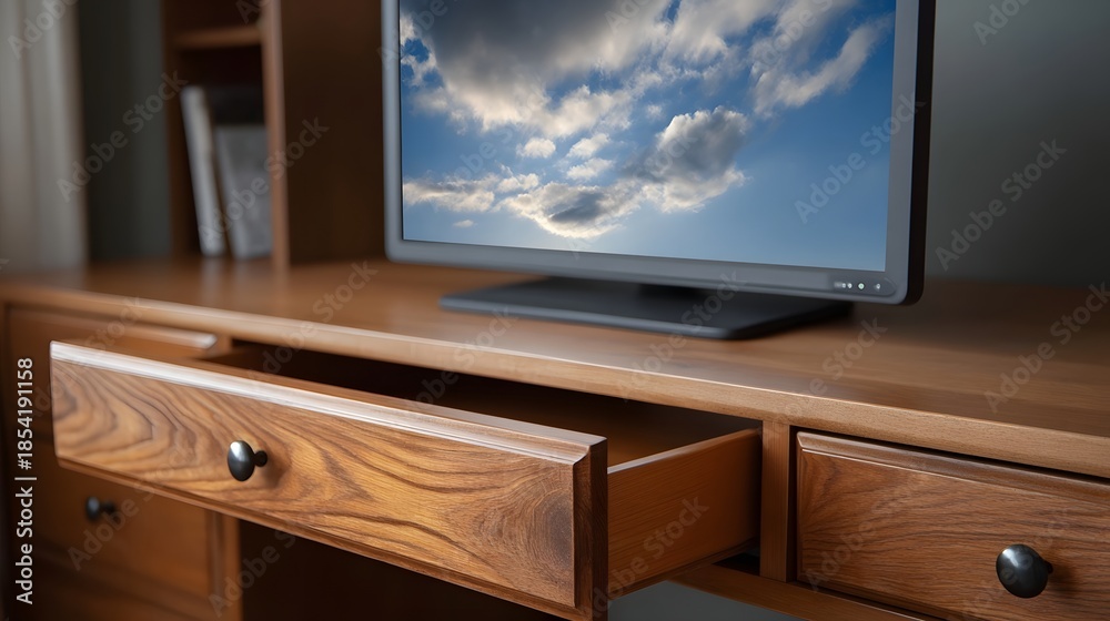 Fototapeta premium A partially open wooden desk drawer next to a computer monitor displaying a blue sky with clouds