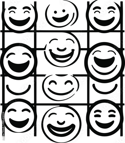 Grid of Joy: A vibrant grid pattern composed of many different and unique smiley face emoticons representing various emotions and joyfulness.
