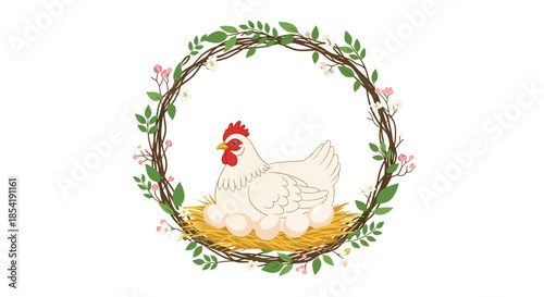 Beautiful white hen sitting on a nest of eggs surrounded by a decorative circular wreath made of branches, green leaves, and pink flowers.