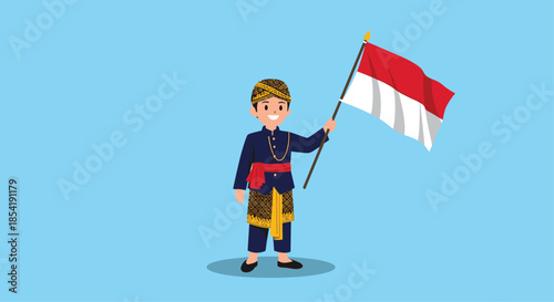Boy wearing traditional Javanese costume including a blangkon and batik cloth holding the red and white flag of Indonesia with pride.