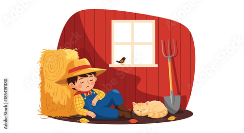 Little boy in farmer clothes sleeping peacefully against a hay bale inside a red barn with a cat and a bird resting nearby.