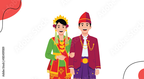 Happy couple wearing traditional Indonesian wedding attire in bright green and purple colors for a formal ceremonial celebration event.