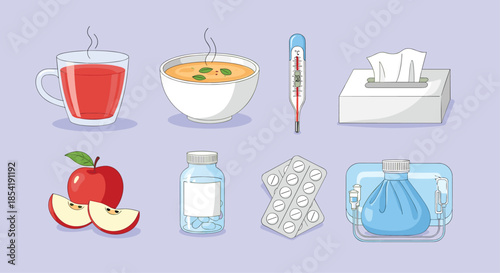 Collection of medical and sick care icons including hot tea, soup, a thermometer, medicine, pills, tissues, an apple, and an ice pack.