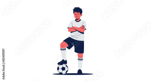 Young male soccer player in a white jersey and black shorts standing confidently with one foot resting on a black and white football.