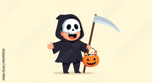 Cheerful young boy dressed in a grim reaper costume with a skull mask and a scythe holds a pumpkin candy bucket for Halloween.