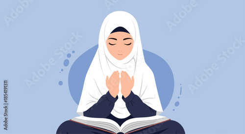Serene Muslim woman wearing a white hijab is seen praying with her hands raised over an open book on a blue circle background.