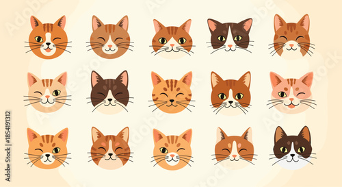 Large set of cute cat head icons showing various breeds, colors, and facial expressions such as happy, winking, and sleeping.