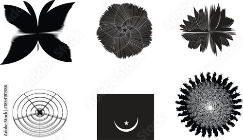 Collection of abstract black and white graphic design elements and geometric symbolsint