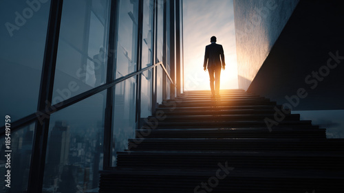 Business Person Climbing Stairs Toward Bright Light in Modern Office Building Success Career Growth Ambition Concept