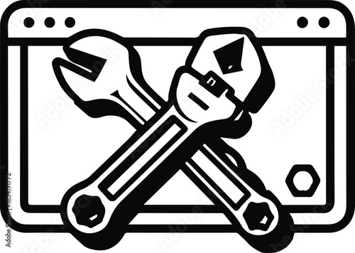 Website Development Tools: A stylized icon showcases crossed wrenches superimposed on a web browser window, representing the core tools and techniques of website development.
