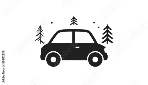 Simple black and white vector illustration of a car in winter landscape.