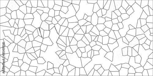 Black and white outline of irregular polygonal shapes forming a complex tessellation pattern on a clean white background, ideal for graphic design and abstract art