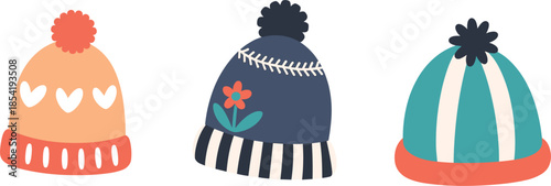 Set of three colorful winter beanie hats with pom poms heart and flower patterns for cold weather fashion