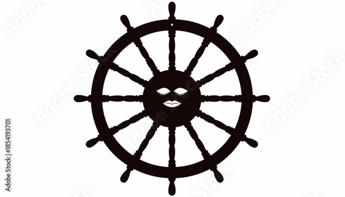Black and white illustration of a ship's wheel with a face.
