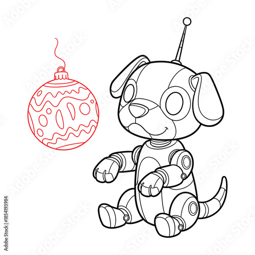 Cute Robot Puppy with Christmas Ornament – Futuristic Holiday Themed Line Art Illustration
