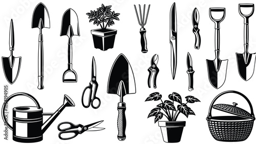 Black and white gardening tools vector illustration set with shovels pruners scissors watering can plant pots isolated icons for design