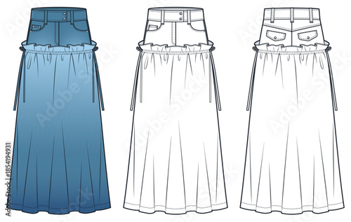 Denim Skirt Technical Fashion Illustration. Long Skirt fashion flat technical drawing template, pockets, drawstring, front and back view, white, blue, women, men, unisex CAD mockup.