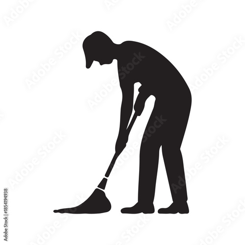 A silhouetted depiction of a person actively sweeping the floor with a broom showcasing a common chore