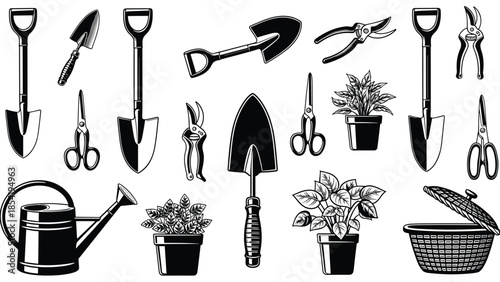 Black and white gardening tools vector illustration set with shovels pruners scissors watering can plants isolated icons for graphic design