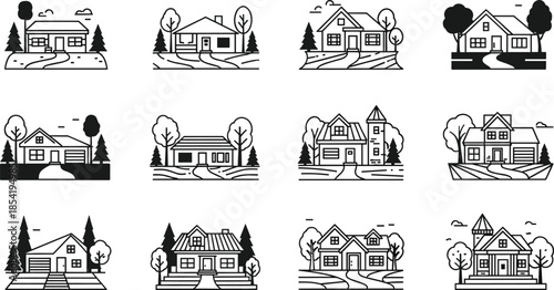 Black and white house icon set, residential home illustrations, suburban cottages buildings vector collection for real estate design branding marketing
