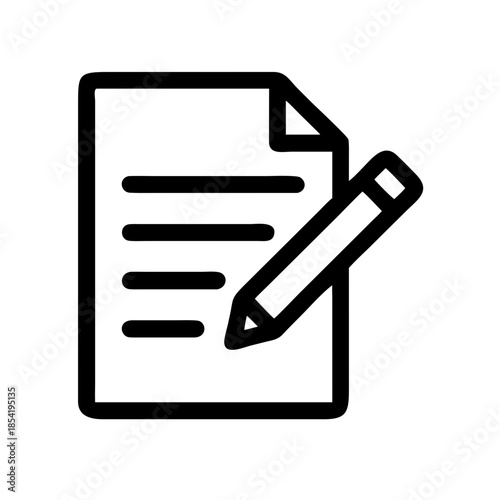 Black and white icon of document with pencil overlay and text lines, symbolizing writing, editing, or note-taking