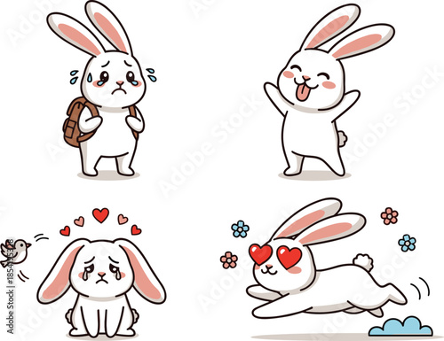 Cute bunny cartoon character showing emotions—sad, happy, heartbroken, in love—with expressive poses and accessories, flat vector illustration