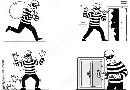 Cartoon burglar character in four crime scenes, theft, break-in, safe cracking, dog encounter, flat vector illustration