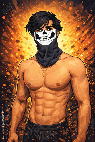 Shirtless Muscular Man Wearing Skull Mask and Cross Necklace Vector Illustration. Athletic Bodybuilder Male Character Design on Explosive Orange Background for Fitness, Gaming, and Streetwear Art.