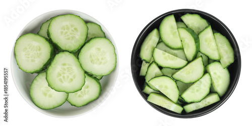 Sliced cucumber in ceramic bowl isolated on white background with full depth of field. Top view. Flat lay.