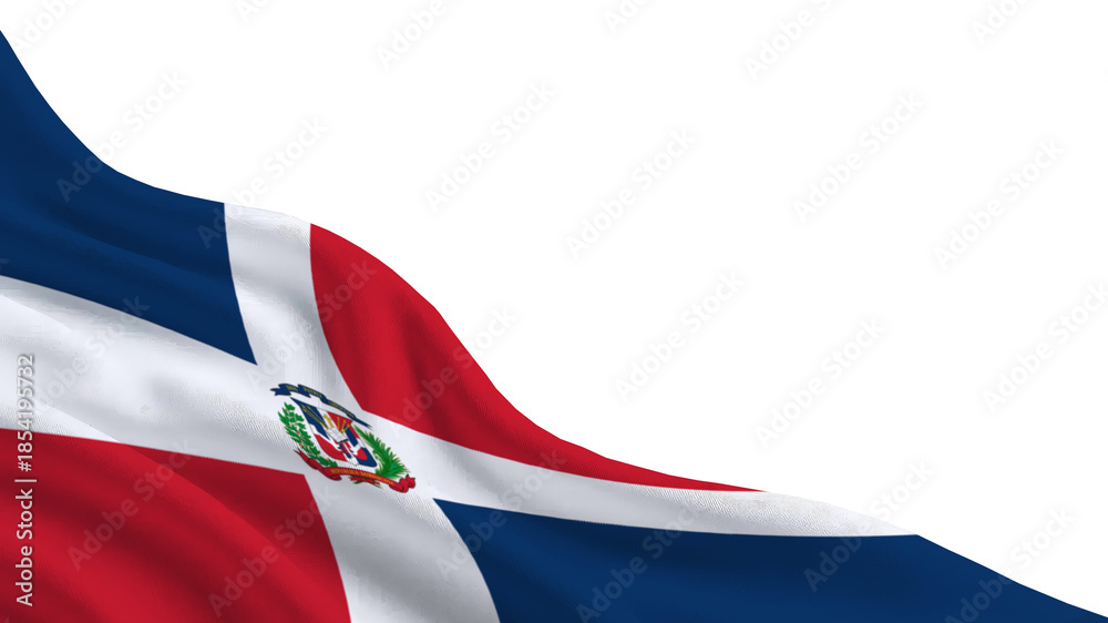 Fototapeta premium The vibrant flag of the Dominican Republic is displayed proudly, symbolizing independence and sovereignty. The rich colors celebrate the country's heritage during National Flag Day.