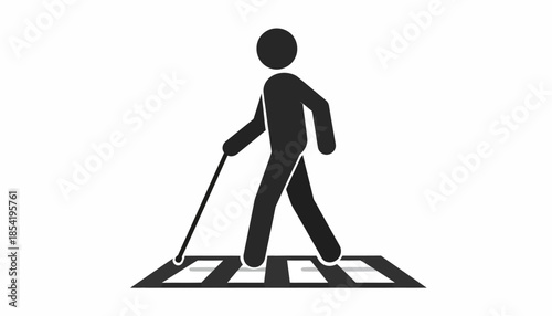 Illustration of a blind person crossing the street with a cane on a crosswalk.