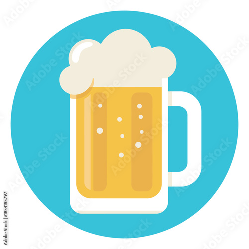 Refreshing beer mug ranked as popular beverage icon, with frothy foam bubbles, flat design circle graphic, suitable for bar menus, drink illustrations, and social media design.