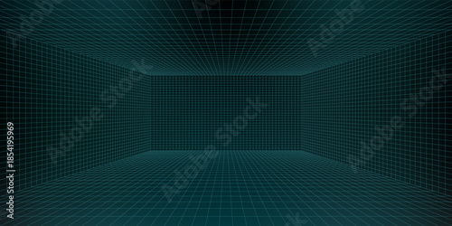 Futuristic grid lines forming a dimensional cube shape on a dark background. Digital technology and virtual reality concept.