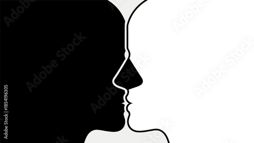 Black and white faces creating an optical illusion, symbolizing duality and contrasting perspectives.
