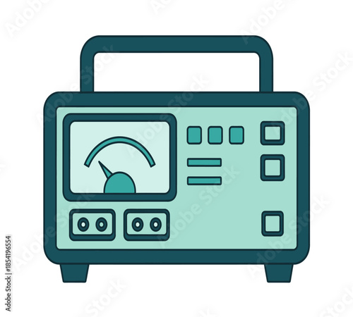 Simple teal retro portable radio with analog dial and buttons isolated vector illustration