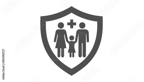 Family health insurance icon in shield shape for protection.