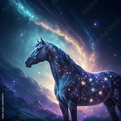 A majestic horse stands against a vibrant starry night sky with a stunning galaxy and mountain range in the background, a breathtaking celestial scene