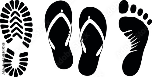 black silhouettes of flip flops and footprints on white background