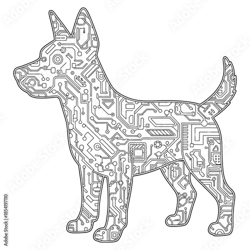 Cybernetic Dog Silhouette with Intricate Circuit Board Pattern – Futuristic Tech Animal Illustration for Digital Art and Technology Projects