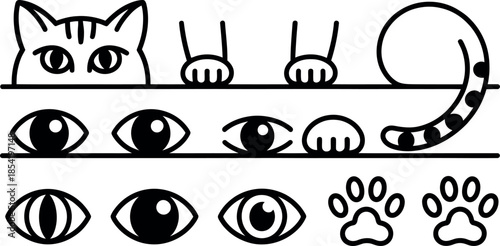 black and white illustration of cat eyes and paws peeking from shelf
