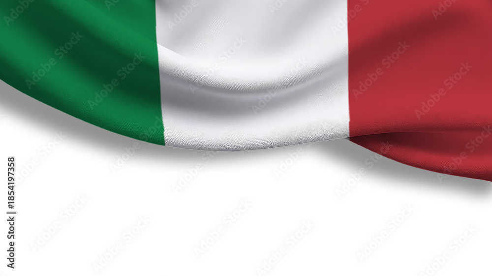 Obraz premium A Italian flag is shown with red, white and green colors. The design features several triangular shapes along one edge. The flag appears to be flowing