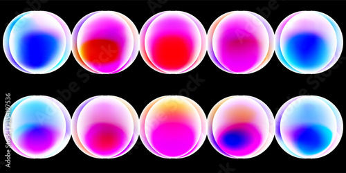 Gradient color round shape background. Abstract rainbow blur circles with graduation. Neon colored bright blending icons. Colorful geometric graphic vector set isolated on black.