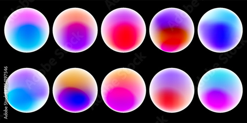 Gradient color round shape background. Abstract rainbow blur circles with graduation. Neon colored bright blending icons. Colorful geometric graphic vector set isolated on black.