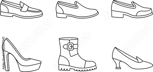 Collection of various stylish shoes and boots in line art style