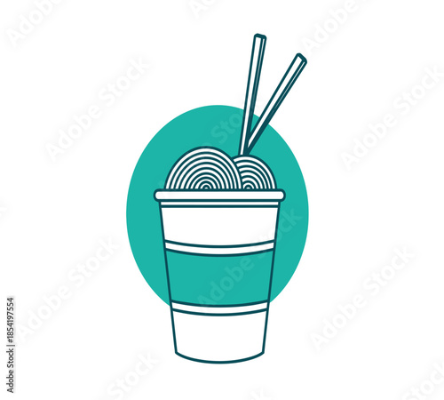 Illustration of instant noodles in a paper cup with chopsticks simple teal design