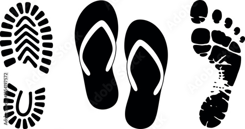 Footprints and flip flops silhouette on white background