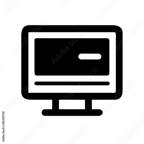 Minimalist black silhouette icon of a desktop computer monitor on stand with a horizontal bar on screen, perfect for concepts like computing, loading progress, desktop setup,