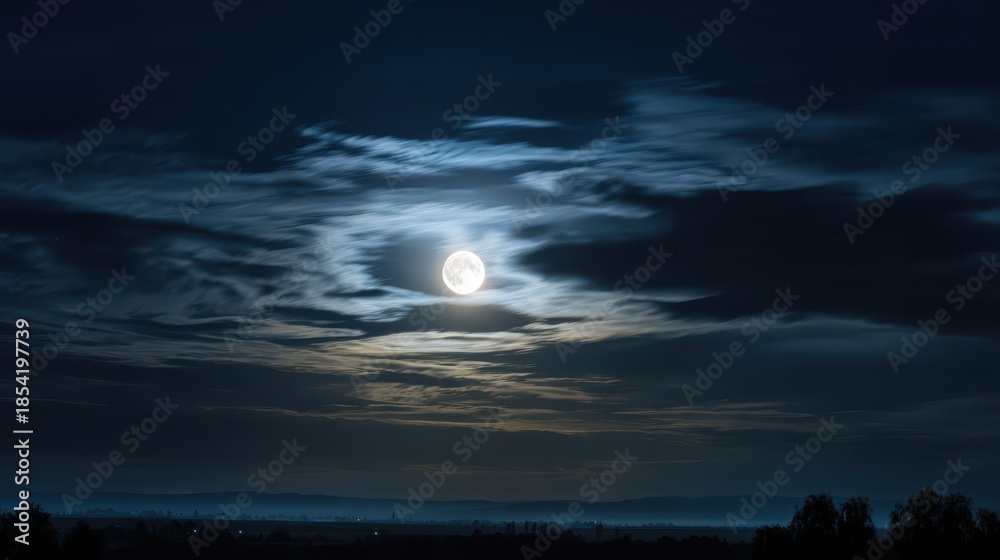 Fototapeta premium Dark clouds roll past a bright full moon in a tranquil night scene