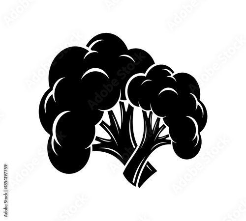A simple black and white illustration depicting a head of broccoli with visible florets
