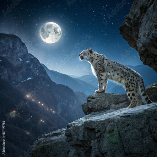 A snow leopard stands on a rocky cliff edge under a bright full moon in a mountainous landscape with a starry night sky